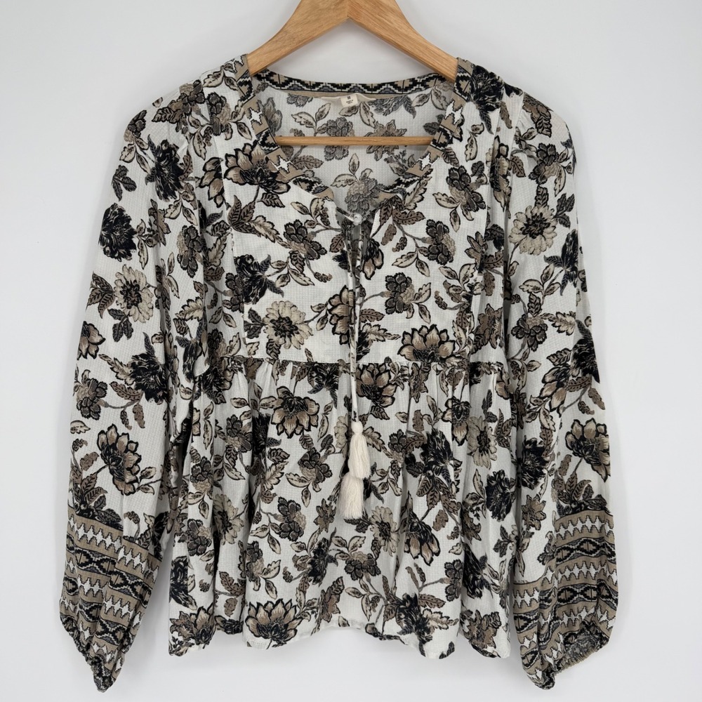 Lucky Brand Womens Floral Tassel Tie Boho Peplum Blouse Cream Tan Black Medium